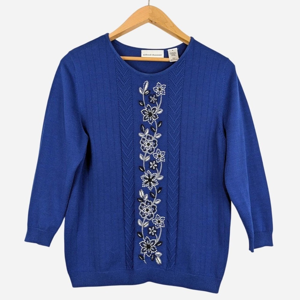 Alfred Dunner Cobalt Blue Beaded Floral Embroidered Sweater 3/4 Sleeve Medium